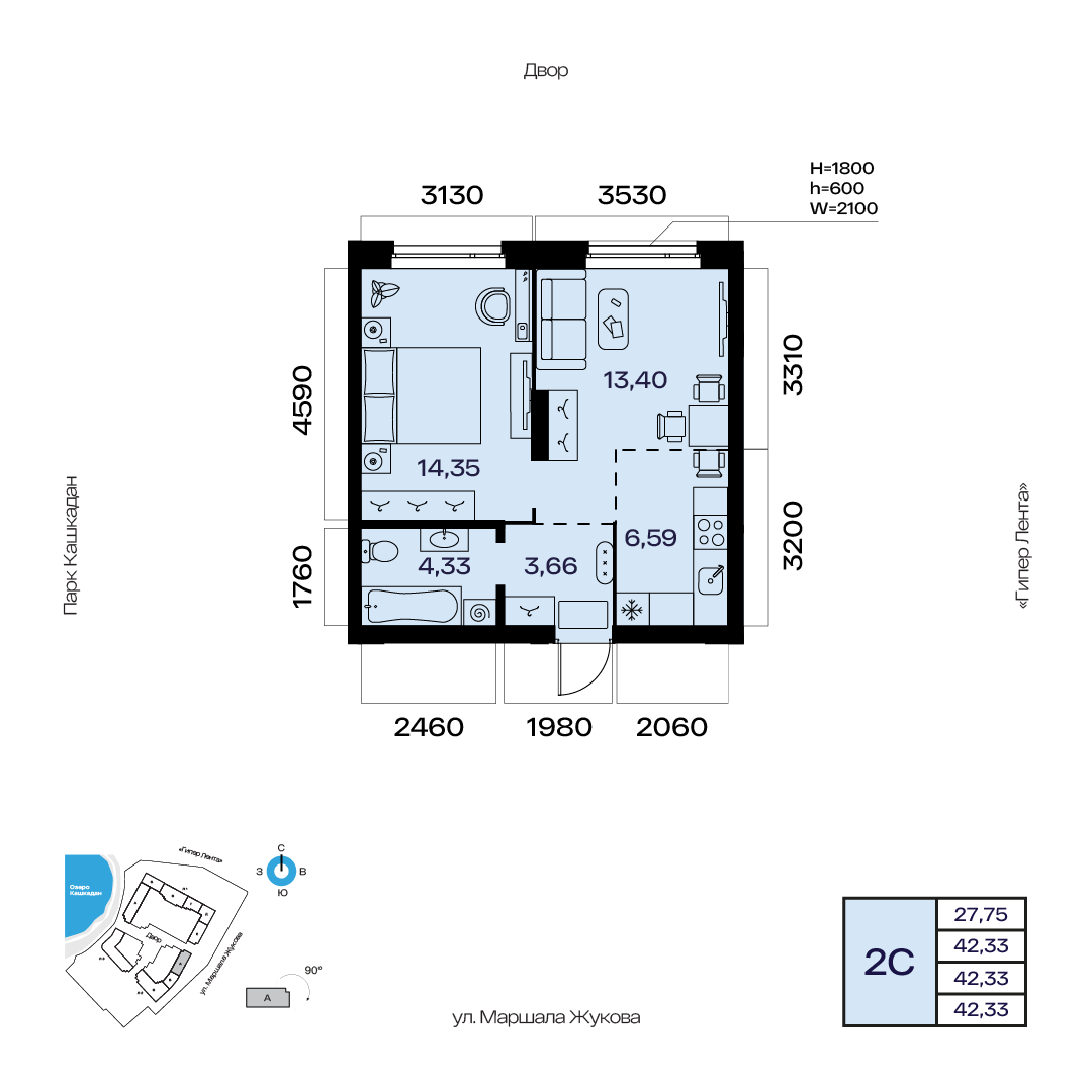 Планировка 2-комнатная квартира 42,3 м² в ЖК «Атлантис», 4 этаж — 9 220 900 ₽