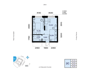 Планировка 2-комнатные 42,3 м²