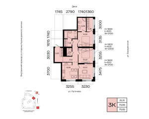 Планировка 3-комнатные 75,7 м²
