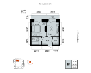 Планировка 1-комнатные 32,6 м²