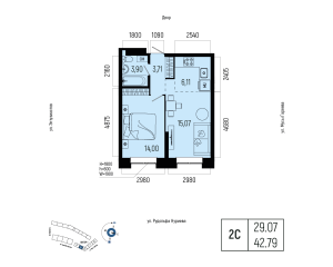 Планировка 2-комнатные 42,8 м²