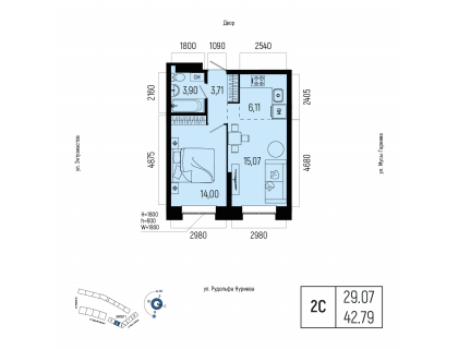 Планировка 2-комн. · 42.8 м²