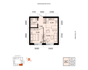 Планировка 2-комнатные 38,1 м²