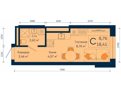 Планировка Студия · 18.4 м²
