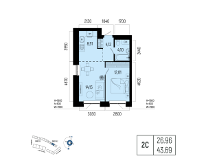 Планировка 2-комнатные 43,7 м²