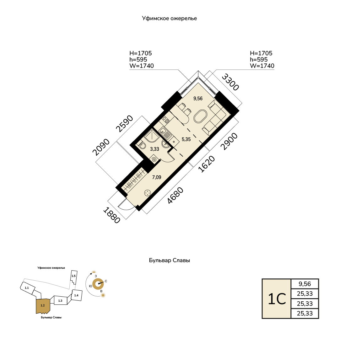 Планировка 1-комнатная квартира 25,3 м² в ЖК «Лесное ожерелье», 13 этаж — 5 230 600 ₽