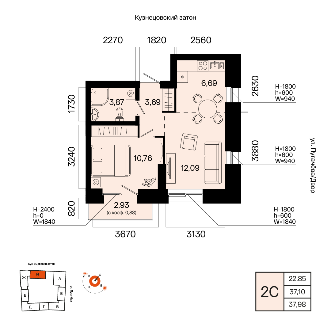 Планировка 2-комнатная квартира 38 м² в ЖК «Первый Остров», 6 этаж — 8 513 600 ₽