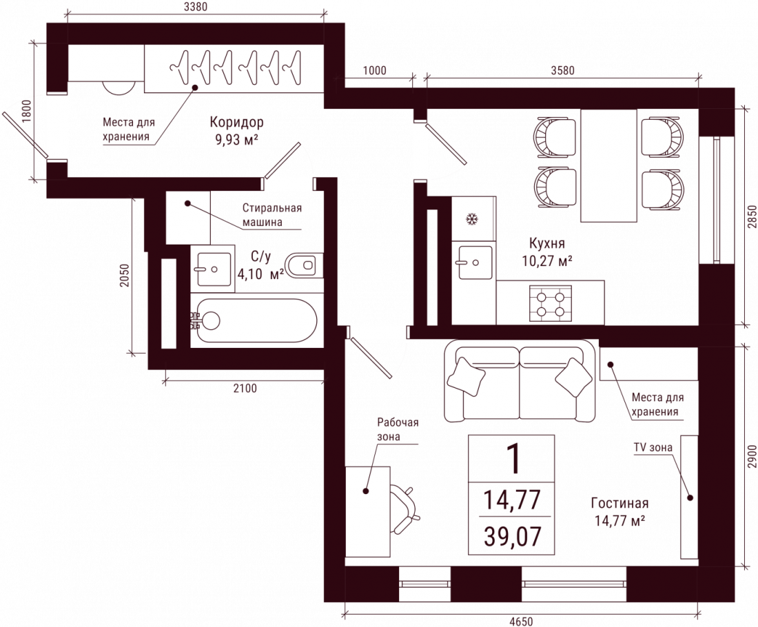 Планировка: 1-комн. квартира, 39.1 м²