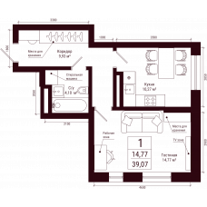 Планировка: 1-комн. квартира, 39.1 м²