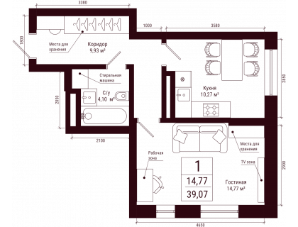 Планировка 1-комн. · 39.1 м²