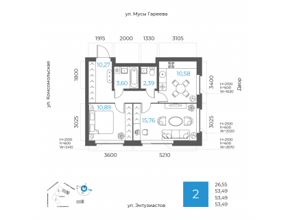 Планировка 2-комн. · 53.5 м²