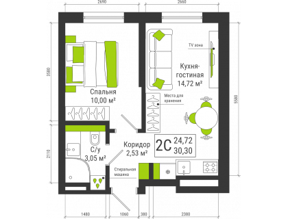 Планировка 1-комн. · 30.3 м²