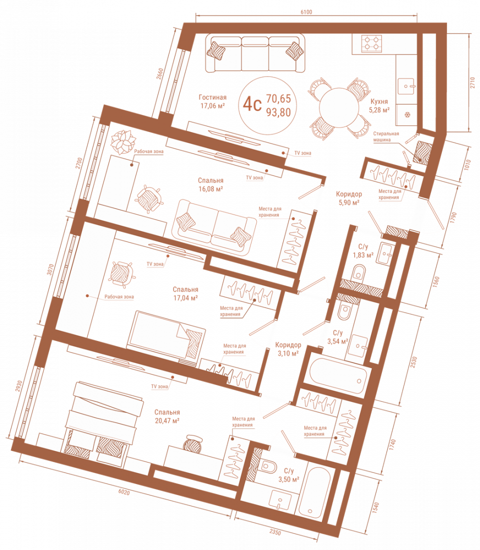 Планировка 4-комнатная квартира 93,8 м² в ЖК «DIVO», 25 этаж — 18 336 994 ₽