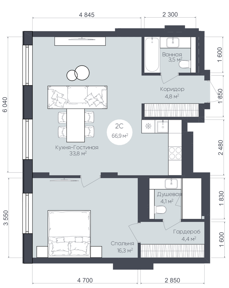 Планировка: 2-комн. квартира, 66.9 м²