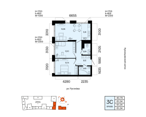 Планировка 3-комнатные 61 м²