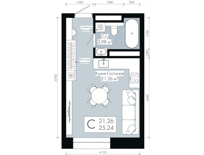 Планировка Студия · 25.2 м²