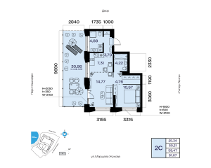 Планировка 2-комнатные 59,5 м²