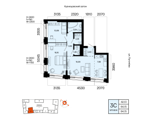Планировка 3-комнатные 64,2 м²
