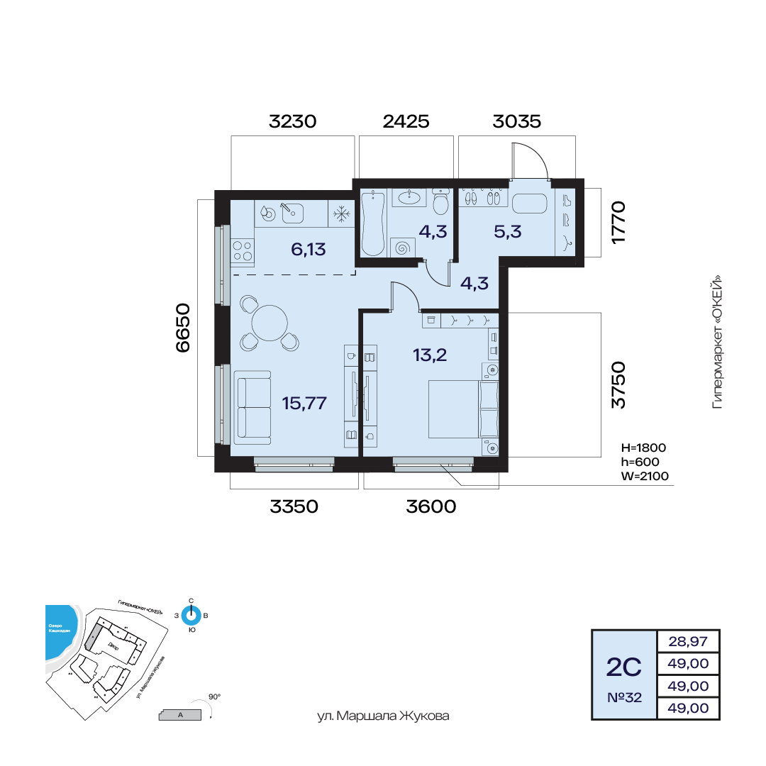 Планировка 2-комнатная квартира 49 м² в ЖК «Атлантис», 4 этаж — 11 707 400 ₽