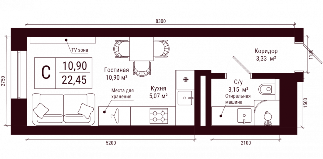 Планировка: Студия, 22.5 м²