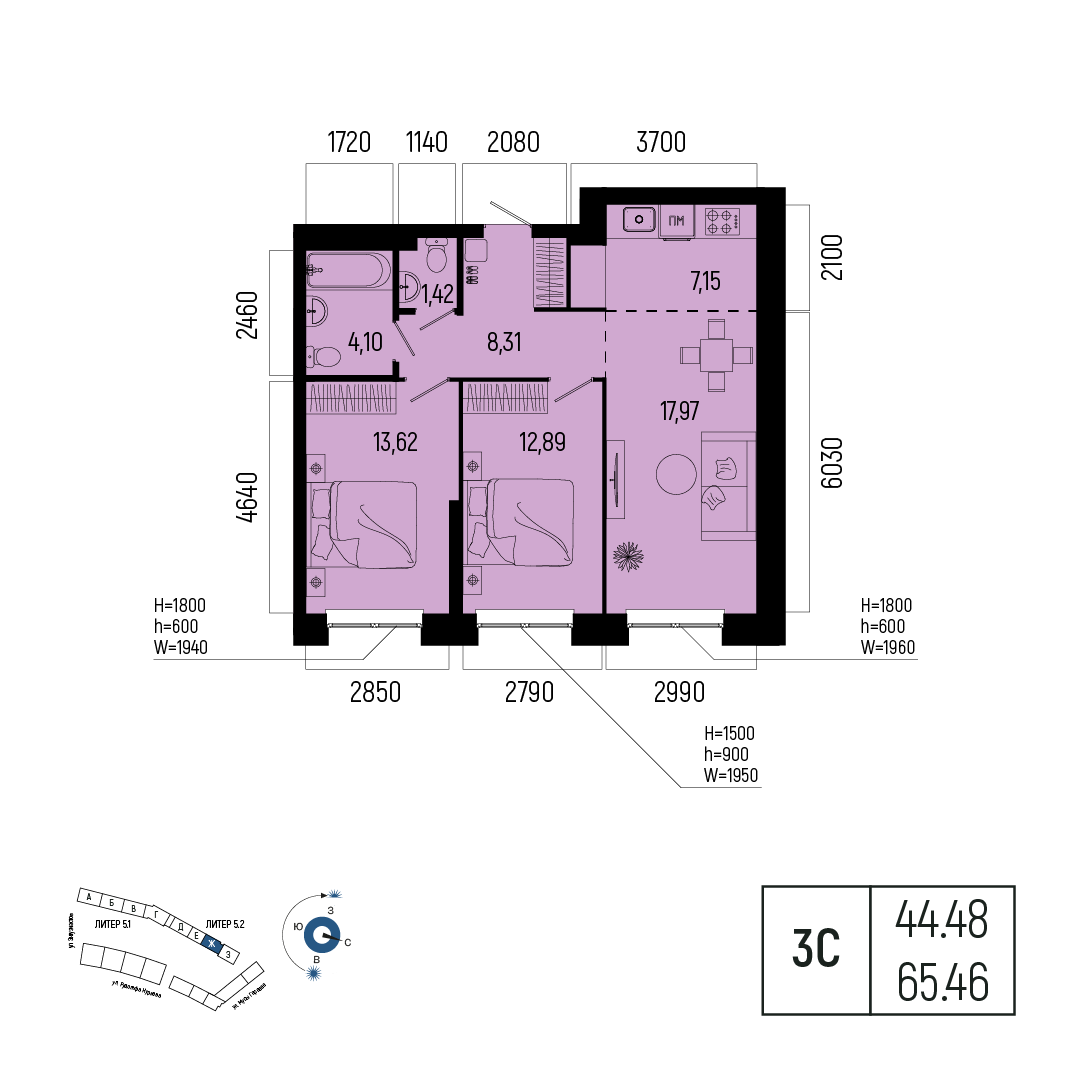 Планировка 3-комнатная квартира 65,5 м² в ЖК «Новатор», 13 этаж — 12 681 200 ₽