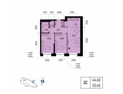 Планировка 3-комн. · 65.5 м²