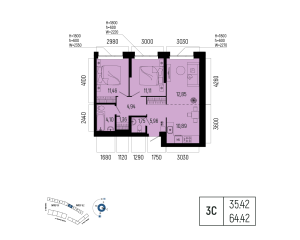 Планировка 3-комнатные 64,4 м²