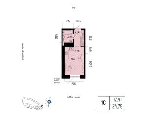 Планировка 1-комнатные 24,8 м²