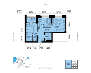 Планировка 2-комнатные 54,8 м²