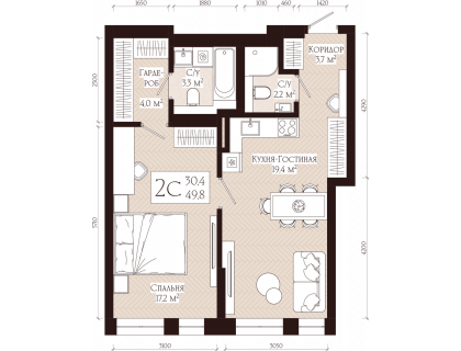 Планировка 2-комн. · 49.8 м²