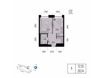 Планировка 1-комн. · 36.1 м²