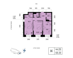 Планировка 3-комнатные 68,4 м²