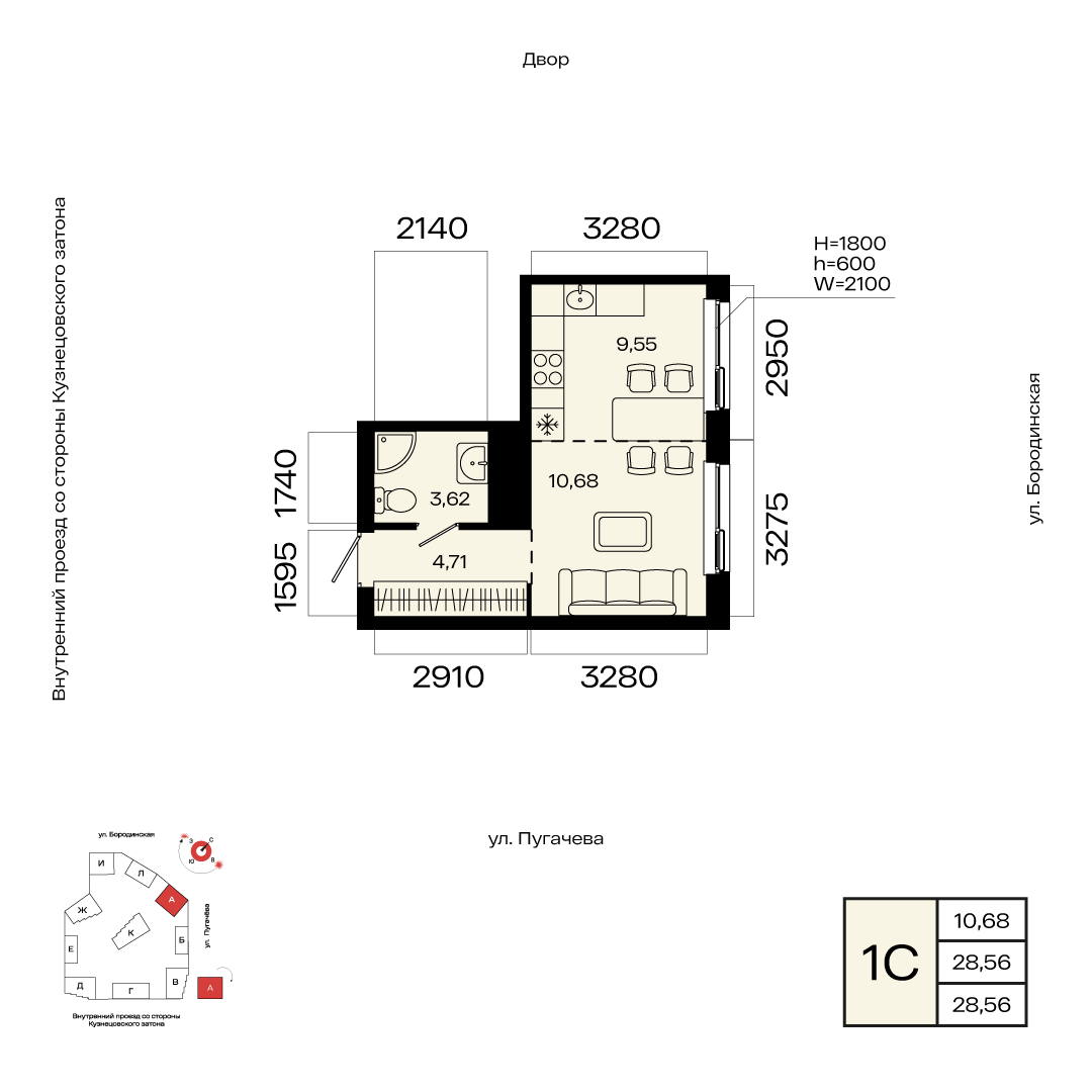 Планировка 1-комнатная квартира 28,6 м² в ЖК «МИР», 11 этаж — 5 592 300 ₽