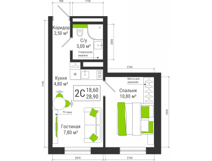 Планировка 1-комн. · 28.9 м²