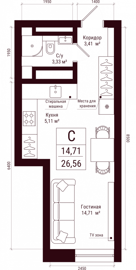 Планировка: Студия, 26.6 м²