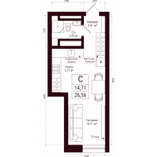 Планировка: Студия, 26.6 м²