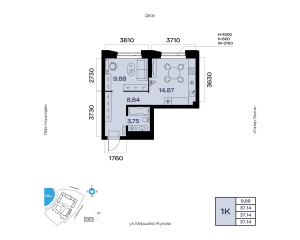Планировка 1-комнатные 37,1 м²