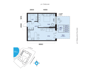 Планировка 2-комнатные 50,4 м²