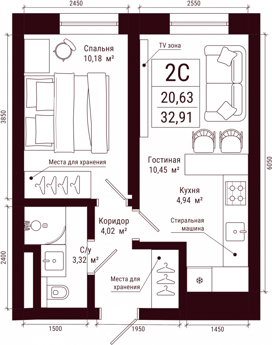 Планировка: 2-комн. квартира, 32.9 м²