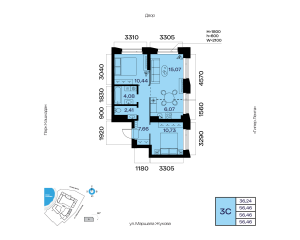 Планировка 3-комнатные 56,5 м²