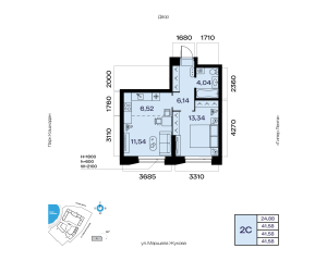 Планировка 2-комнатные 41,6 м²