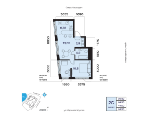 Планировка 2-комнатные 44,5 м²