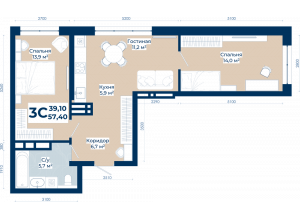 3-комн. · 57.4 м²