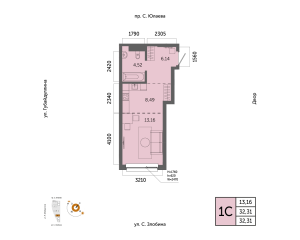 Планировка 1-комнатные 32,3 м²
