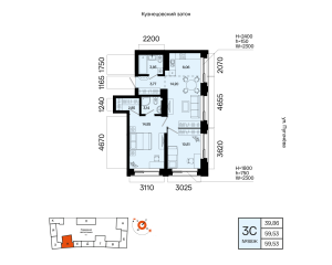 Планировка 3-комнатные 59,5 м²