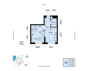 Планировка 2-комнатные 41,8 м²