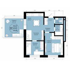 3-комн. квартира, 54.4 м²