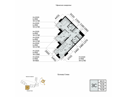 Планировка 3-комн. · 76.6 м²