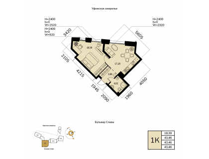 Планировка 1-комн. · 43.5 м²