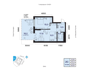 Планировка 2-комнатные 54,2 м²